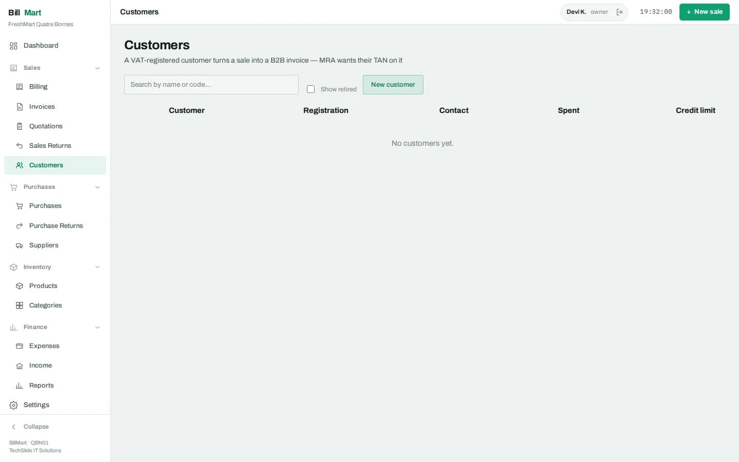 BillMart customer list showing each account with contact details, credit limit and outstanding balance