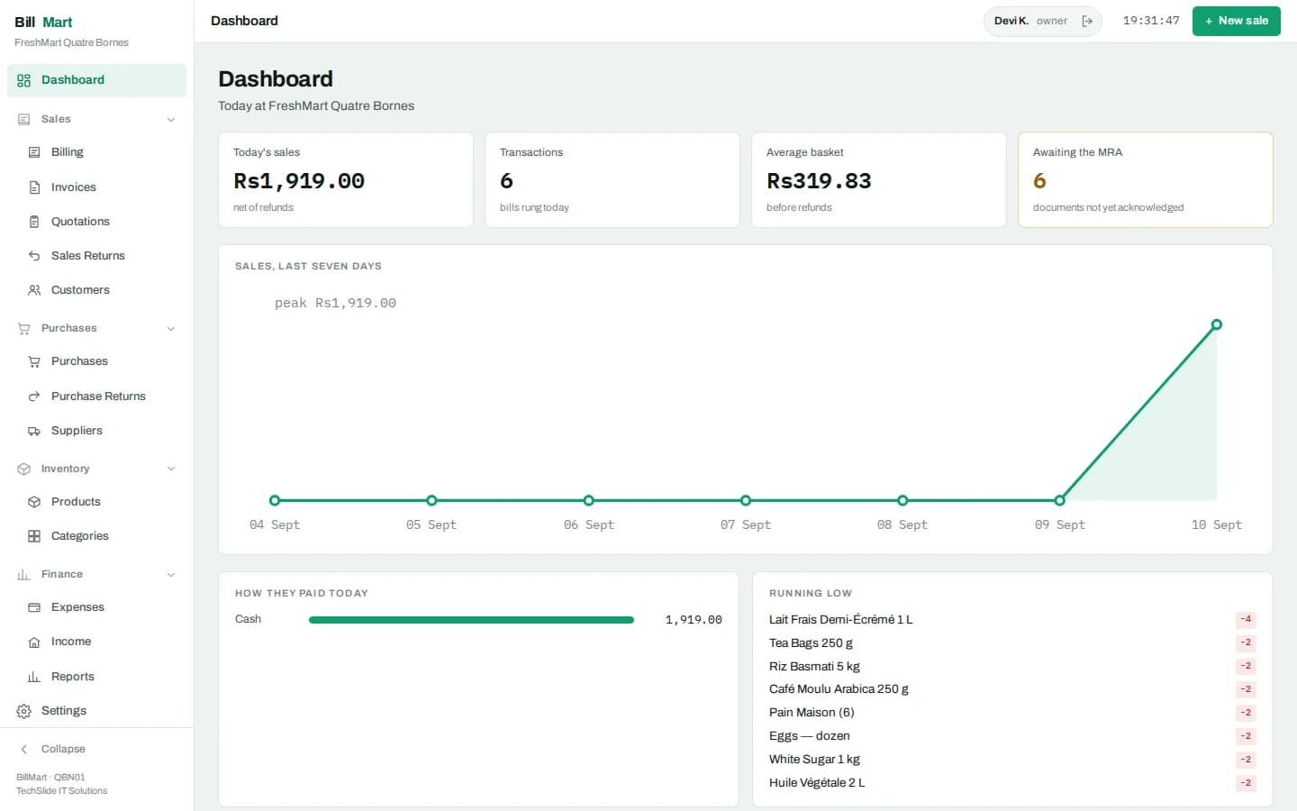 BillMart dashboard showing today’s sales, transaction count, average basket, documents awaiting the tax authority, a seven-day sales chart, the payment mix and a running-low stock list