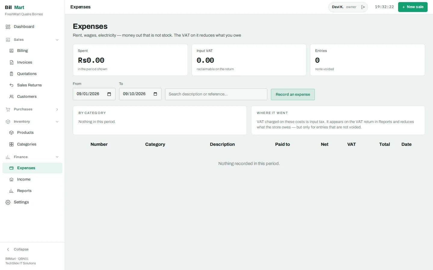BillMart expenses screen listing business expenses by category, date, amount and payment method