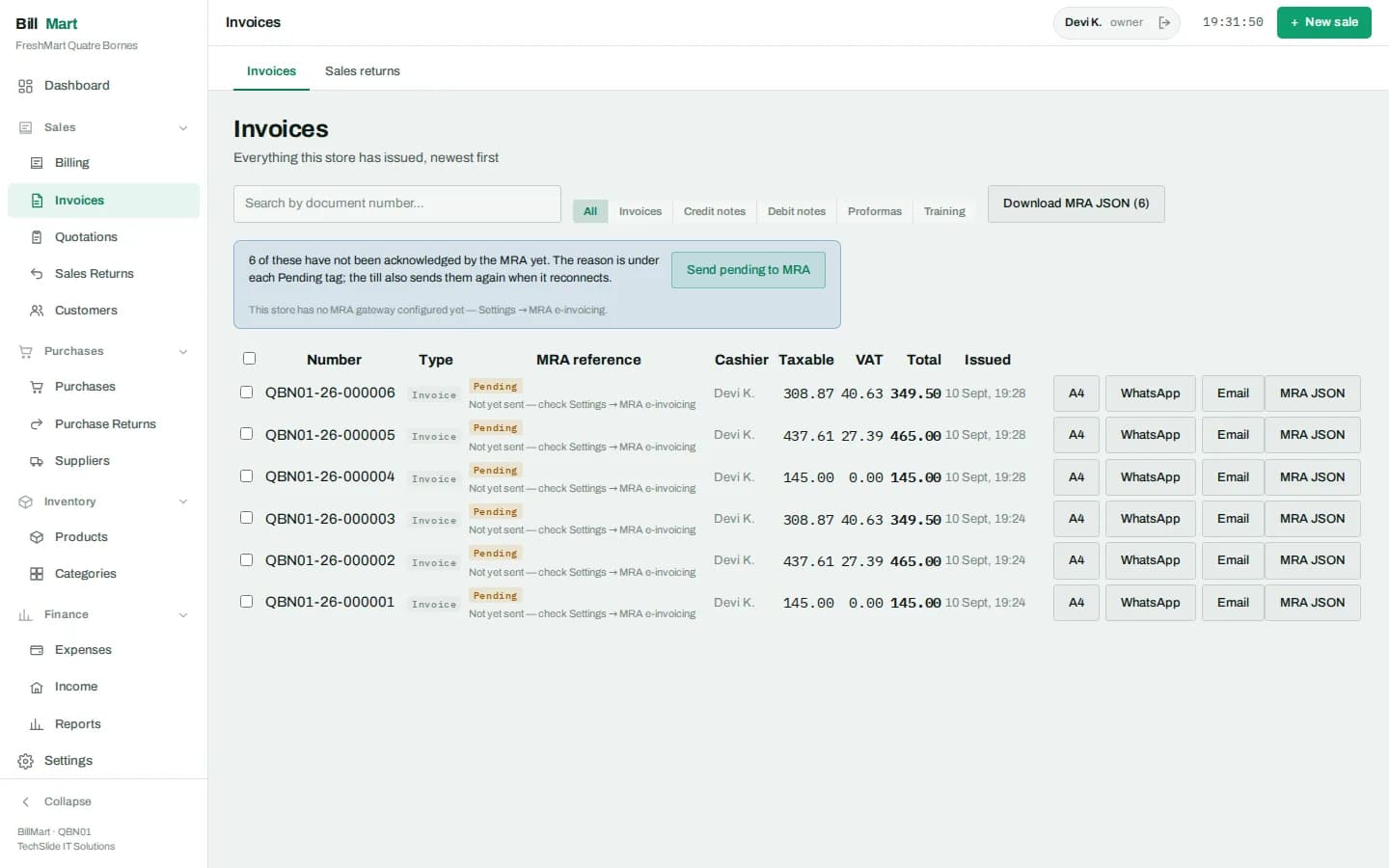 BillMart invoice list showing bill numbers, dates, tills, cashiers, amounts and status for the trading period