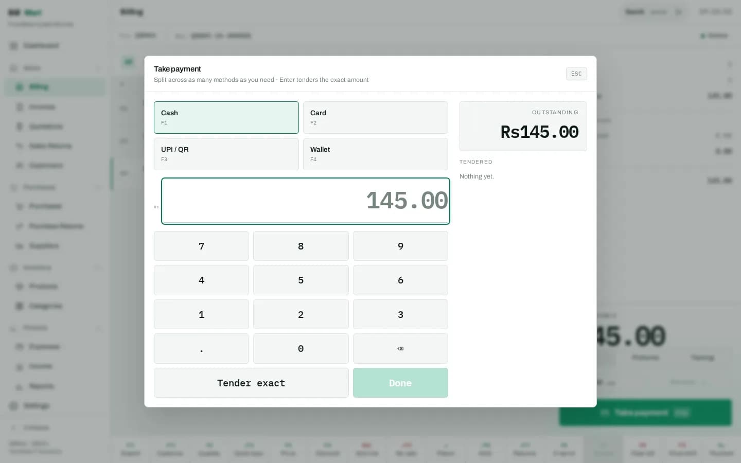 BillMart take-payment dialog with cash, card, UPI or QR and wallet options, a numeric keypad, the outstanding amount and a tender-exact button