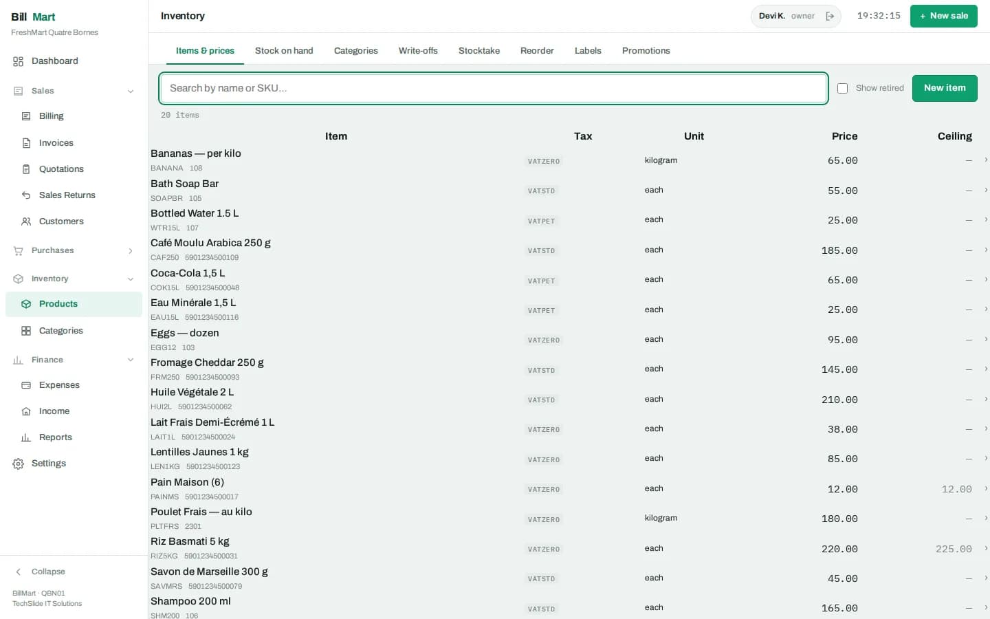 BillMart product list showing each item with its barcode, category, unit, cost, selling price and tax treatment