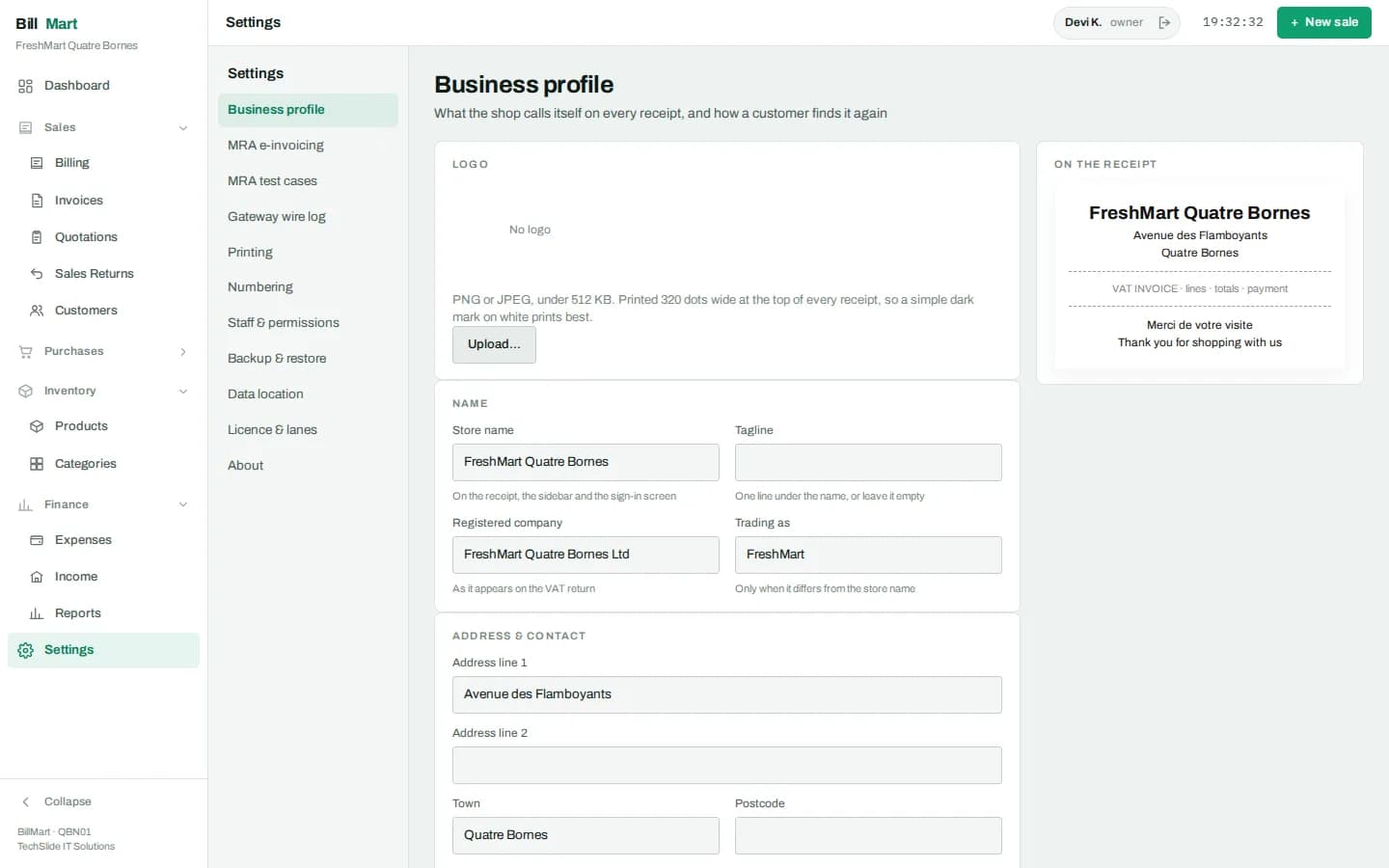 BillMart settings screen showing sections for business profile, tax, numbering, printing, backups, staff and permissions