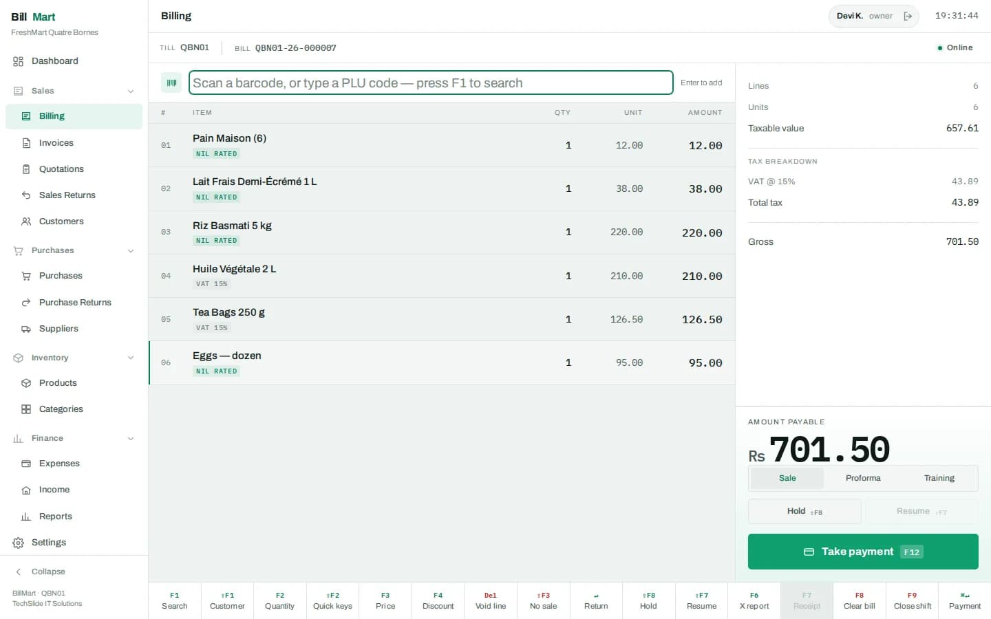 The BillMart till mid-sale, with scanned lines and a running total